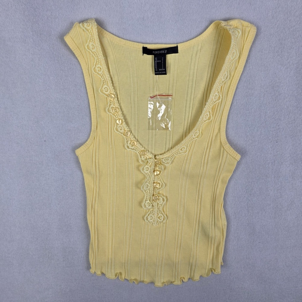 Forever 21 Tank Top Womens Small Yellow Front Button Ribbed Y2k Style New